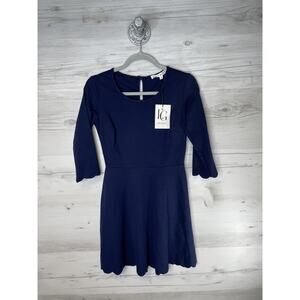 Lola Grace Dress Womens Small Navy Fit & Flare‎ Scallop Hem 3/4 Sleeve Made USA